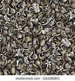 India culture hand drawn doodles seamless pattern. Indian background. Cartoon fabric print design. Monochrome vector illustration. All objects are separate.