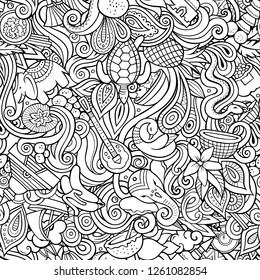 India culture hand drawn doodles seamless pattern. Indian background. Cartoon fabric print design. Line art vector illustration. All objects are separate.