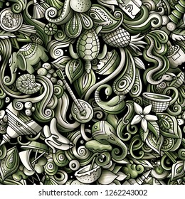 India culture hand drawn doodles seamless pattern. Indian background. Cartoon fabric print design. Monochrome vector illustration. All objects are separate.