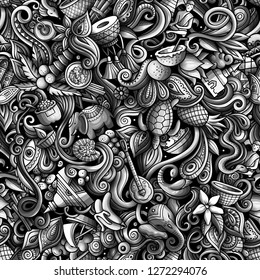 India culture hand drawn doodles seamless pattern. Indian background. Cartoon fabric print design. Monochrome vector illustration. All objects are separate.