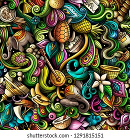 India culture hand drawn doodles seamless pattern. Indian background. Cartoon fabric print design. Colorful vector illustration. All objects are separate.