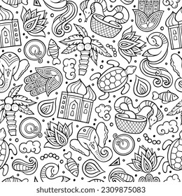 India culture hand drawn doodles seamless pattern. Indian background. Cartoon fabric print design. Line art vector illustration