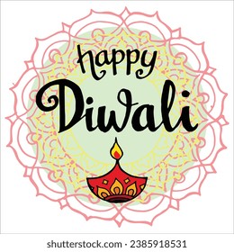 India culture of happy diwali hand lettering in hand draw illustration background vector 