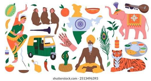 India culture. Indian map. Tourism in Delhi. Traditional food. National dress. Elephant and tiger. Lotus yoga asana. Travel sightseeing. Mosque monument. Fakir snake. Hinduism temple. Vector Hindu set