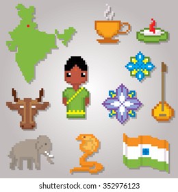 India culture symbols icons set. Pixel art. Old school computer graphic style.