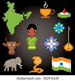 India culture symbols icons set. Pixel art. Old school computer graphic style.