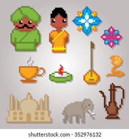 India culture symbols icons set. Pixel art. Old school computer graphic style.