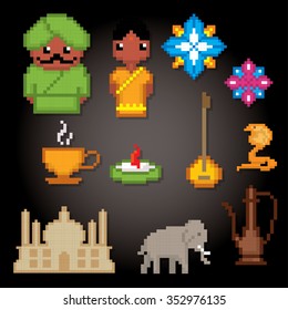 India culture symbols icons set. Pixel art. Old school computer graphic style.