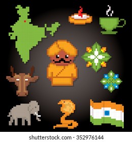 India culture symbols icons set. Pixel art. Old school computer graphic style.