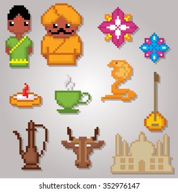 India culture symbols icons set. Pixel art. Old school computer graphic style.
