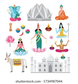 La cultura de la India y su destino de viaje - dioses, símbolos, especias y arquitectura indios aislados en un fondo blanco. Ilustración vectorial de estilo de caricatura plana Vector de stock