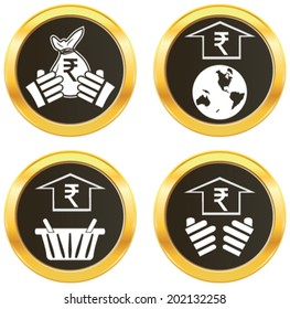 India currency symbol Indian rupee representing money of the nation. White vector illustration of shopping basket. pictograph of globe, hand showing the growth of currency on golden web button icon. 