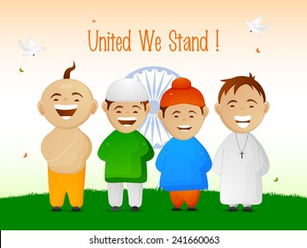 India, cute little kids from different religion showing Indian Unity and flying pigeons on national flag color background for Republic Day celebrations.