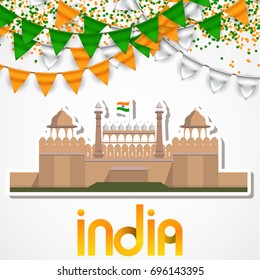 India Day celebration. 15 August Vector Illustration with famous Indian Architecture Red Firt Sticker