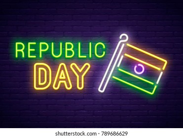India Day neon sign. Flag of India. Republic india banner, logo, emblem and label. Neon sign, bright signboard, light banner.