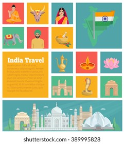 India decorative flat icons with map architecture cuisine and national suits isolated vector illustration