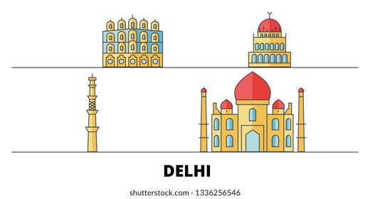 India, Delhi City flat landmarks vector illustration. India, Delhi City line city with famous travel sights, skyline, design. 