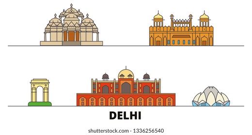 India, Delhi, hitos emblemáticos ilustraciones vectoriales. India, Delhi linea ciudad con famosos lugares de interés turístico, horizonte, diseño. 