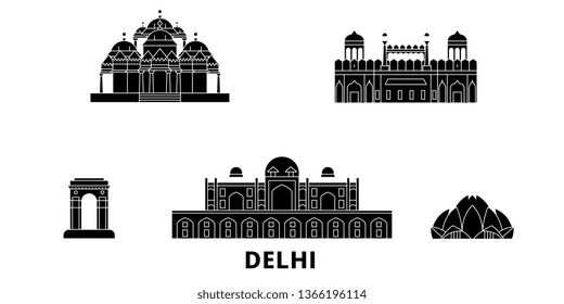 India, Delhi flat travel skyline set. India, Delhi black city vector illustration, symbol, travel sights, landmarks.