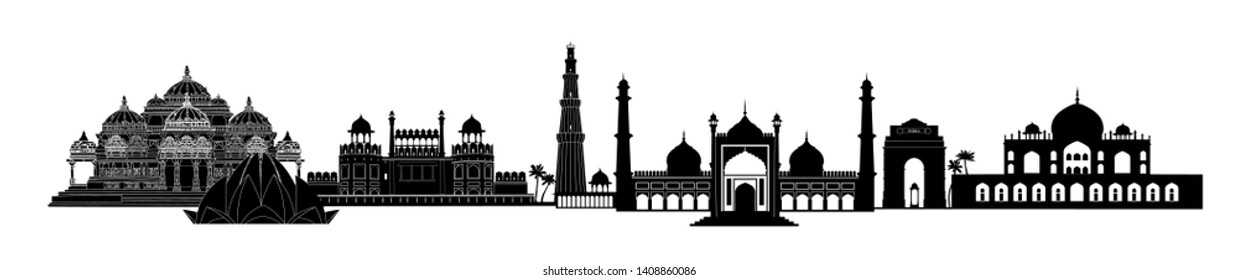 India, Delhi landmarks. Indian city New-Delhi skyline touristic view. Asian architecture silhouette