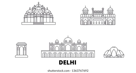 India, Delhi line travel skyline set. India, Delhi outline city vector illustration, symbol, travel sights, landmarks.