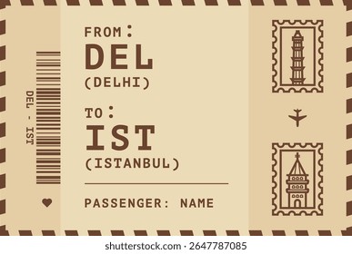 India, Delhi - Turkey, Istanbul flight, luggage tag, boarding pass card. Vector illustration layout for infographic, postcard, sticker, print, promo in vintage style with landmark stamps