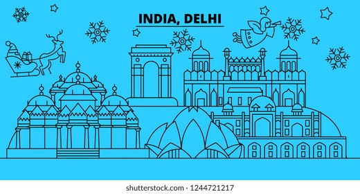 India, Delhi winter holidays skyline. Merry Christmas, Happy New Year decorated banner with Santa Claus.India, Delhi linear christmas city vector flat illustration