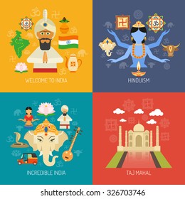 India design concept set with hinduism religion flat icons isolated vector illustration