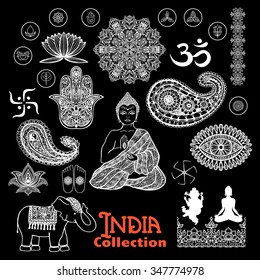 India design elements chalkboard  set  with woman in lotus position elephant  paisley and ornament  vector illustration 