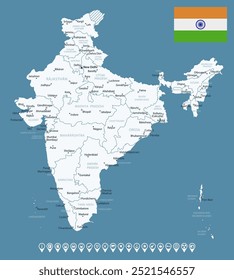 India - detailed blue country map with cities and regions. Infographic icons. Vector illustration
