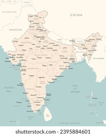 India - detailed map with administrative divisions country. Vector illustration