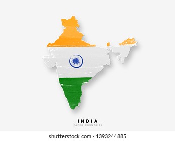 India detailed map with flag of country. Painted in watercolor paint colors in the national flag.