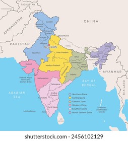 India detailed map. Zones and state, national border with neighbouring countries