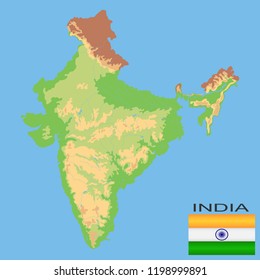 India.  Detailed physical  map of India colored according to elevation, with rivers, lakes, mountains. Vector map with national flag.