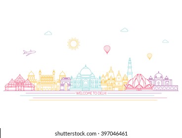 India detailed skyline. Travel and tourism background. Vector background. line illustration. Line art style