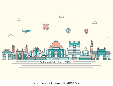 India detailed skyline. Travel and tourism background. Vector background. Line art style