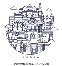 India detailed skyline. Travel and tourism background. Vector line illustration