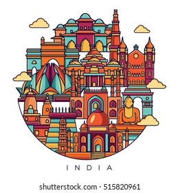 India Detailed Skyline. Travel And Tourism Background. Vector Line Illustration