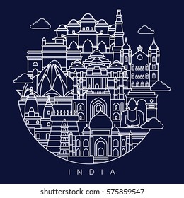 India detailed skyline. Travel and tourism background. Vector line illustration