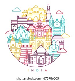 India detailed skyline. Travel and tourism background. Vector line illustration