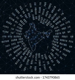 India digital map. Binary rays radiating around glowing country. Internet connections and data exchange design. Vector illustration.