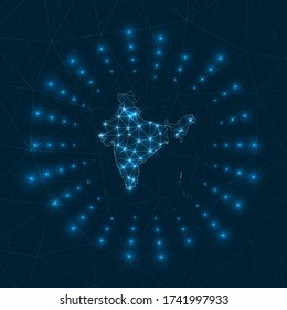 India digital map. Glowing rays radiating from the country. Network connections and telecommunication design. Vector illustration.