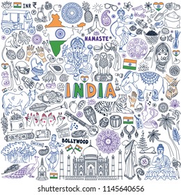 India Doodle Set. Traditional Symbols Of Indian Culture And Buddhism, National Food And Landmarks. Hand Drawn Vector Illustration Isolated On White Background. 