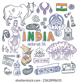 India doodle set. Traditional symbols of Indian culture and Buddhism, national food and landmarks. Drawings isolated on white background. Outline stroke is not expanded, stroke weight is editable