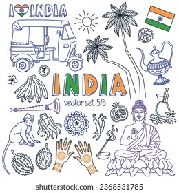 Juego de doodles en India. Símbolos tradicionales de la cultura y el budismo de la India, comida nacional y lugares emblemáticos. Dibujos aislados sobre fondo blanco. El contorno no se expande, el peso del trazo se puede editar