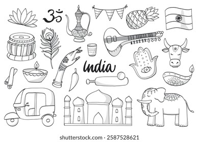 India doodles, monochrome cartoon elements collection for coloring books, prints, cards, banners, signs, etc. EPS 10