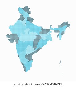 India dotted map. Digital style map of the country on white background. India shape with square dots. Colored dots style. Small size squares. Amazing vector illustration.