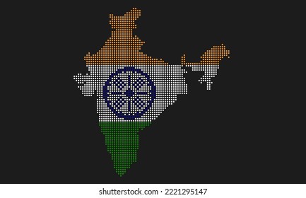 Bandera de mapa de la India con textura gruesa en el estilo de punto mosaico. Ilustración de vector píxel abstracto de un mapa de país con efecto de semitono para infografía. 