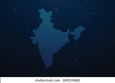 India dotted map in futuristic style, glowing outline made of stars lines dots. Communication, internet technologies concept on dark blue space background. Vector illustration.