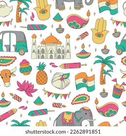India eamless pattern with hand drawn doodles, cartoon elements. Good for wrapping paper, scrapbooking, textile prints, wallpaper, stationary, etc. EPS 10